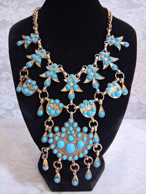 Vintage Egyptian Revival Ethnic Statement Necklace Turquiose Color Blooms